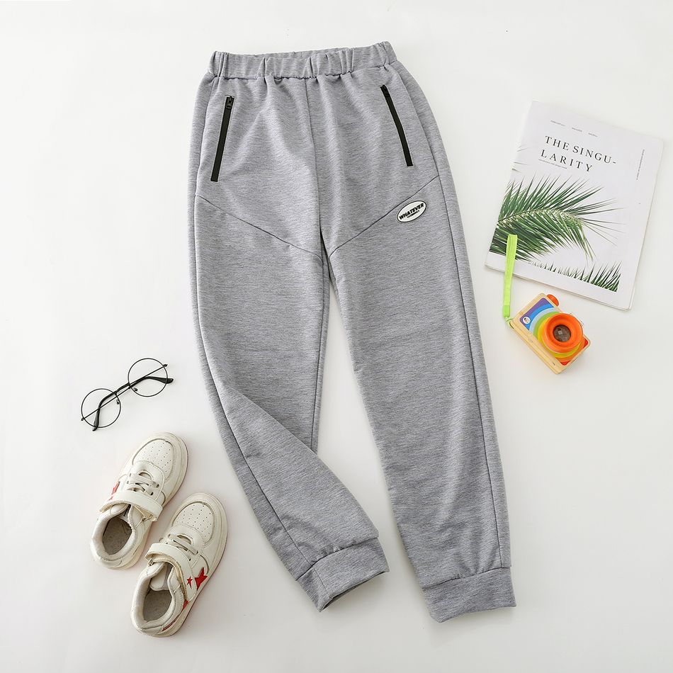 Trendy Kid Boy Letter Print Striped Zipper Pocket Elasticized Joggers Pants Sporty Sweatpants Light Grey big image 1