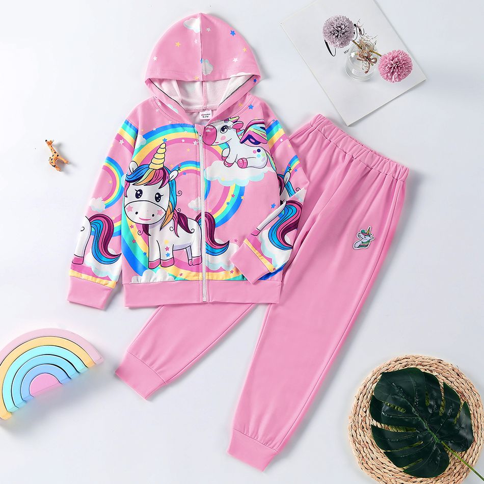 2-piece Kid Girl Rainbow Unicorn Print Zipper Hoodie Sweatshirt and Pants Set Pink big image 1