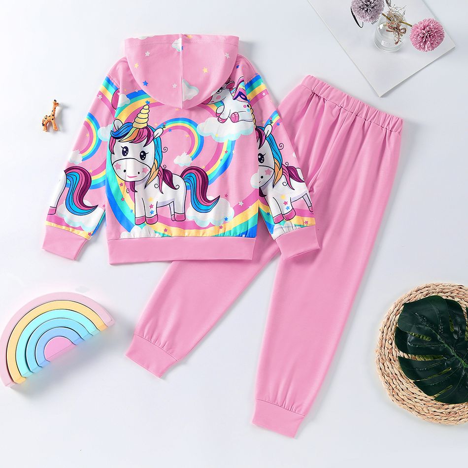 2-piece Kid Girl Rainbow Unicorn Print Zipper Hoodie Sweatshirt and Pants Set Pink big image 2