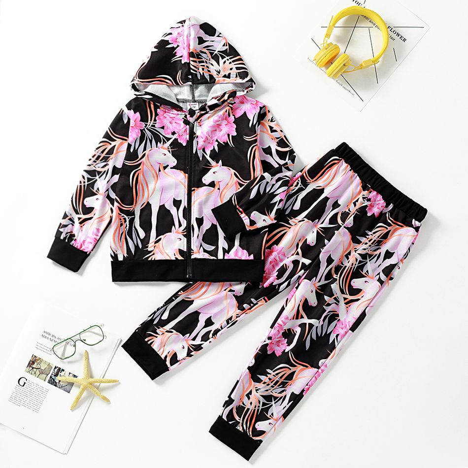 2-piece Trendy Kid Girl Animal Unicorn Floral Print Jacket Pants Casual Set Multi-color big image 1