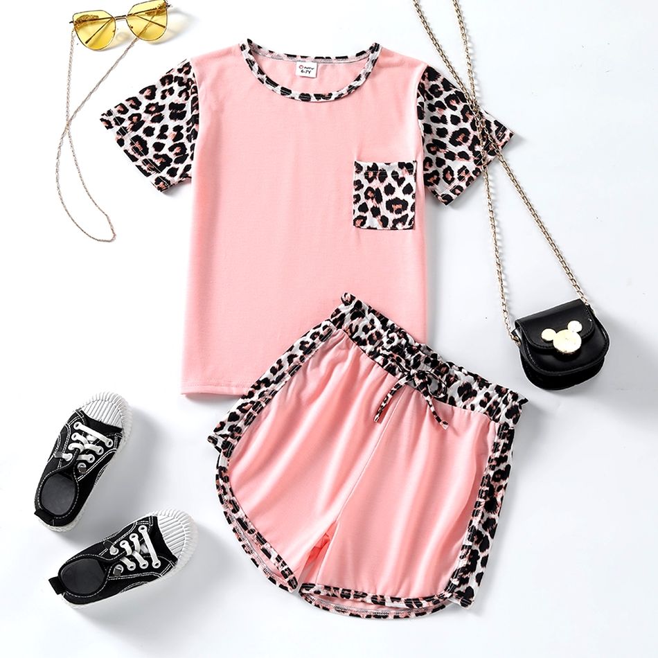 2-piece Kid Girl Leopard Print Colorblock Short-sleeve Tee and Bowknot Design Shorts Set Pink
