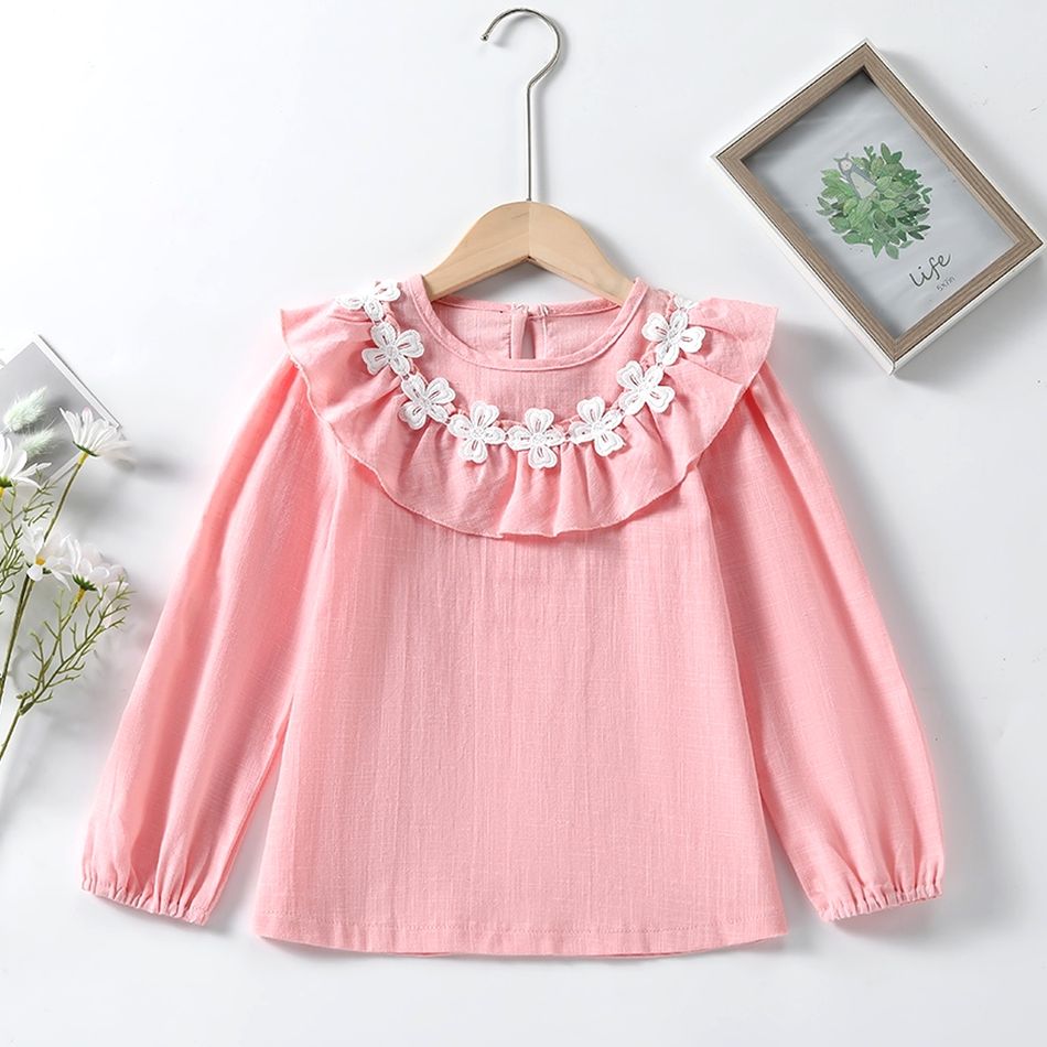 Kid Girl Floral Design Flounce Long-sleeve Blouse Light Pink big image 2