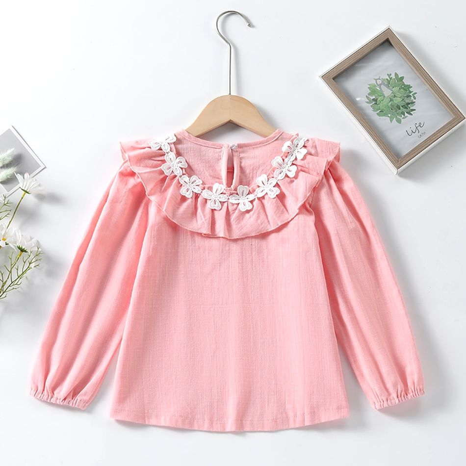Kid Girl Floral Design Flounce Long-sleeve Blouse Light Pink big image 3