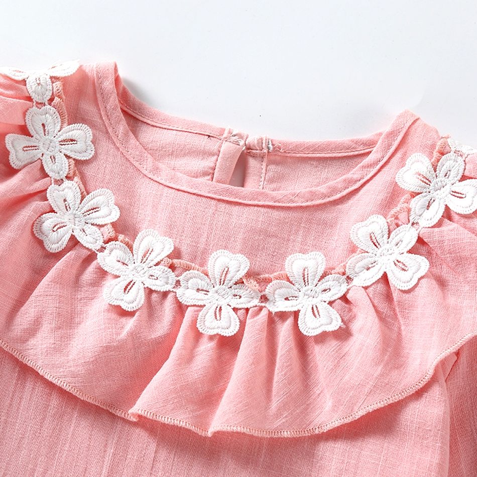Kid Girl Floral Design Flounce Long-sleeve Blouse Light Pink big image 4