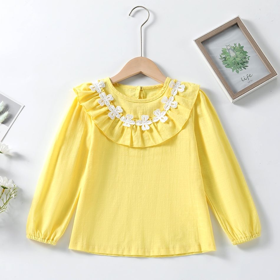 Kid Girl Floral Design Flounce Long-sleeve Blouse Pale Yellow big image 1