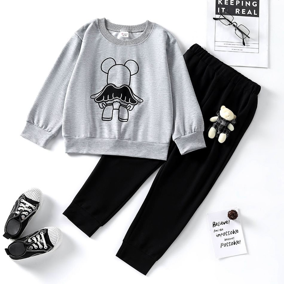 2-piece Kid Boy Bear Print Pullover Sweatshirt and Plaid/Black Pants Set (Bear Doll is included) Grey