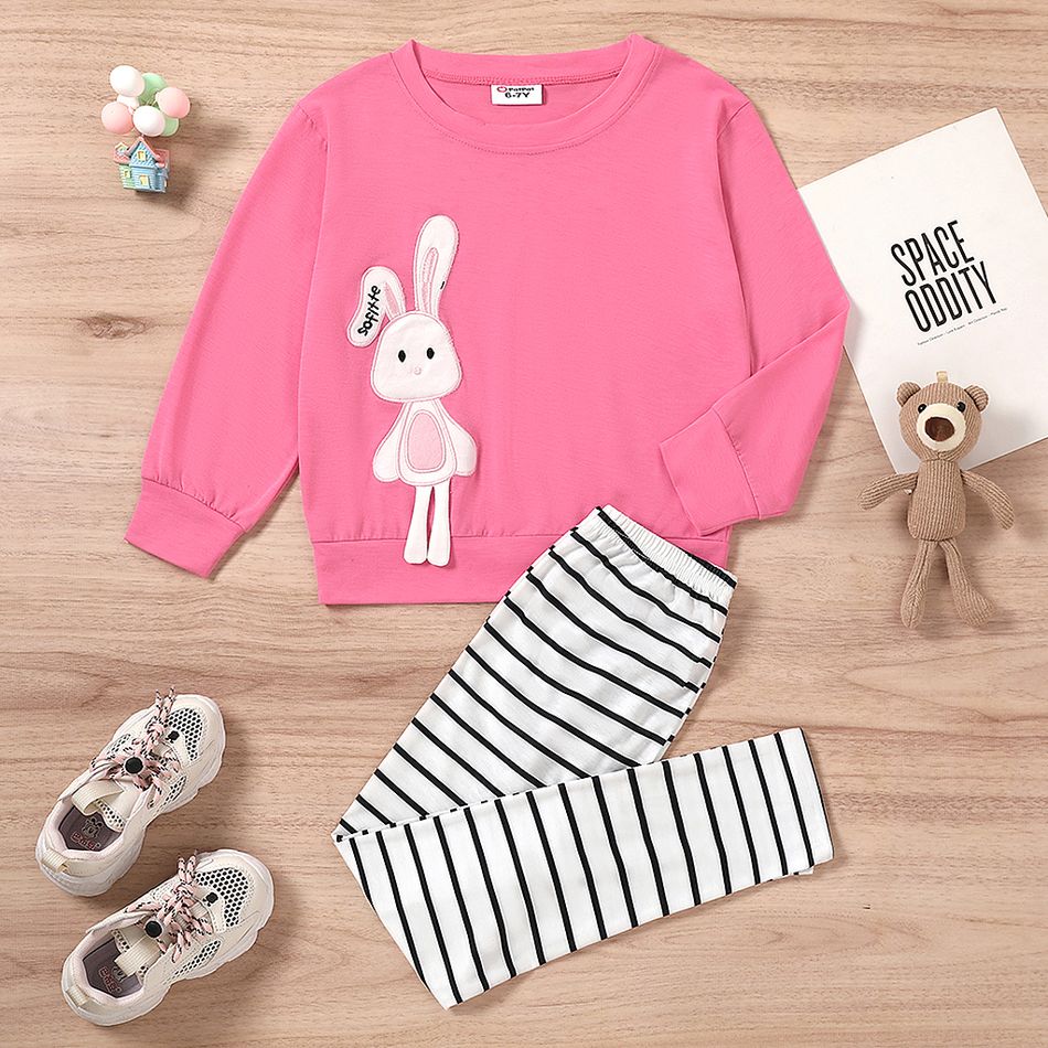 Easter 2-piece Kid Girl Cute Rabbit Print Pink Sweatshirt and Stripe Leggings Set Hot Pink