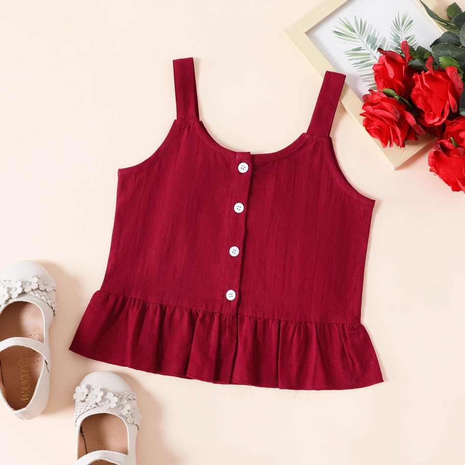 Kid Girl Button Design Ruffle Hem Floral Print/Red Camisole Colorful