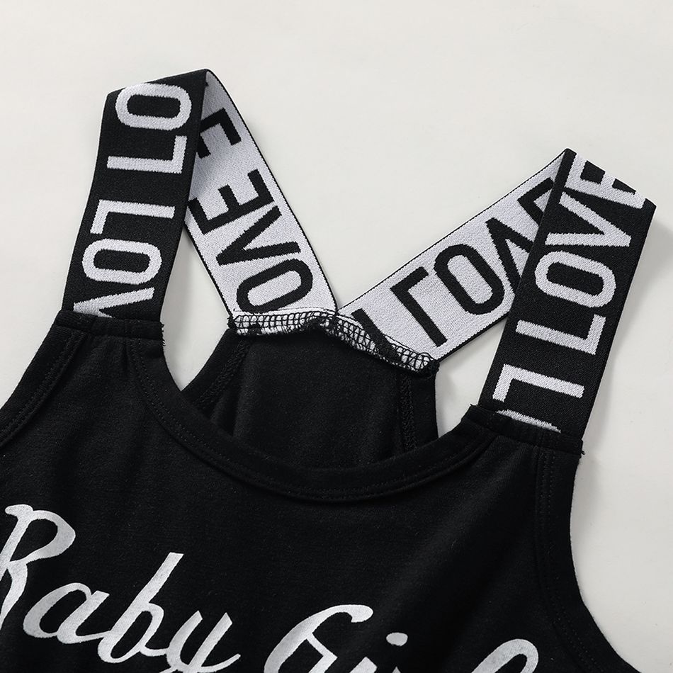 Kid Girl Letter Print Bowknot Design Strap Rompers Black big image 3