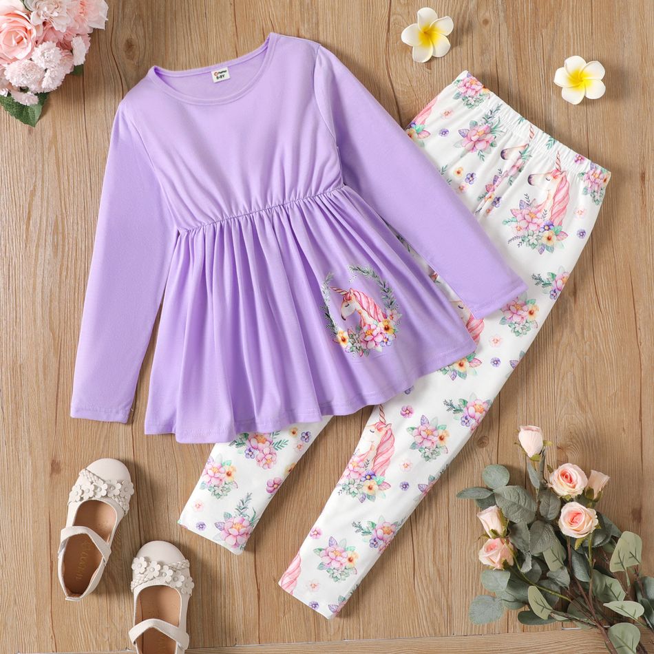 2pcs Kid Girl Unicorn Floral Print Peplum Tee and Elasticized Leggings Set Purple big image 1