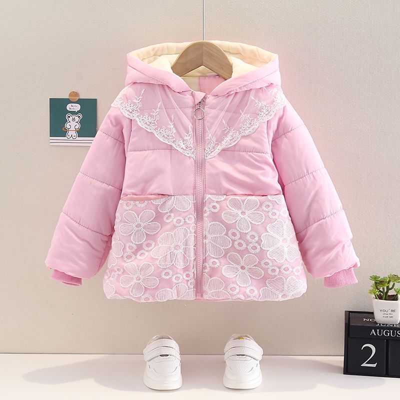 Baby Girl Thickened Fleece Lined Long-sleeve Hooded Zip Lace Jacket Coat Pink