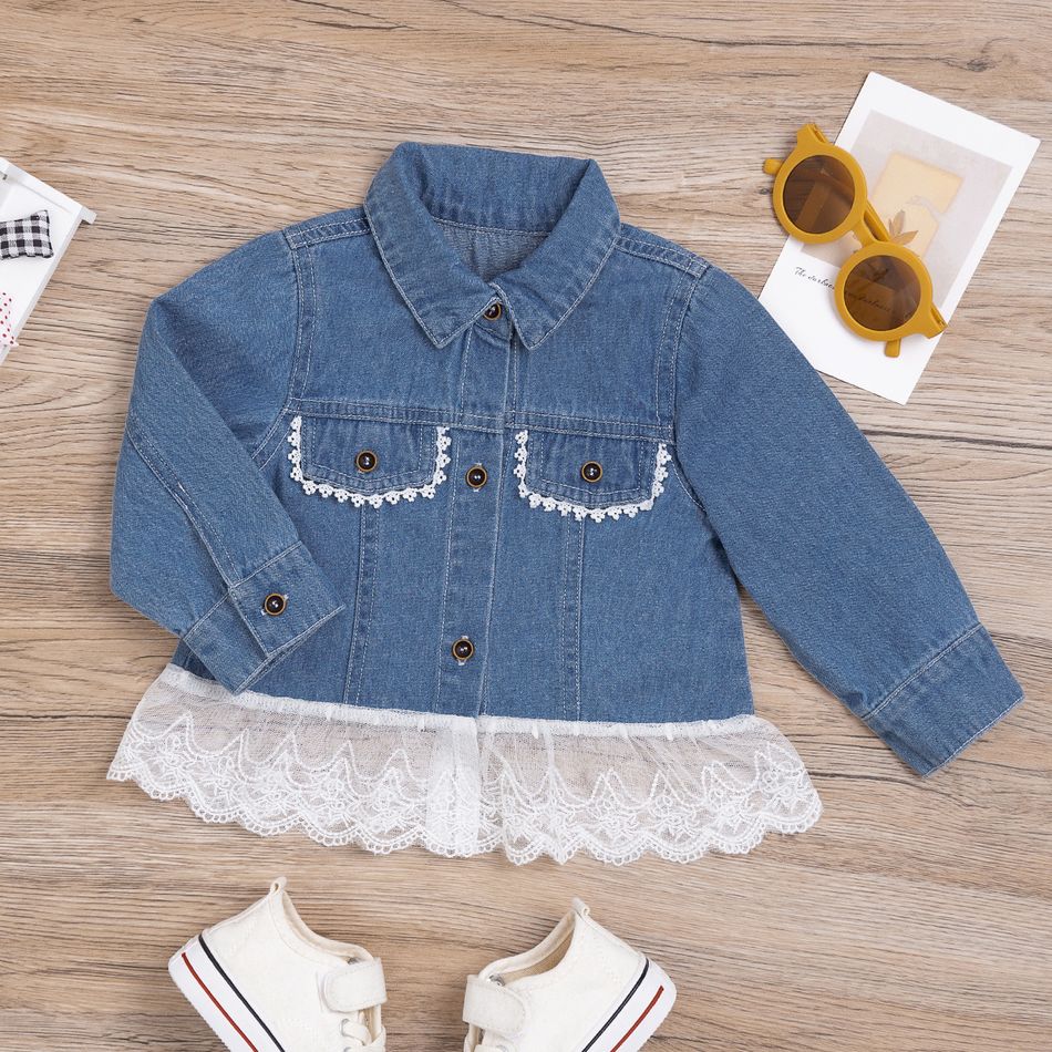 Baby Girl Lace Splicing Denim Long-sleeve Button Up Jacket Dark Blue