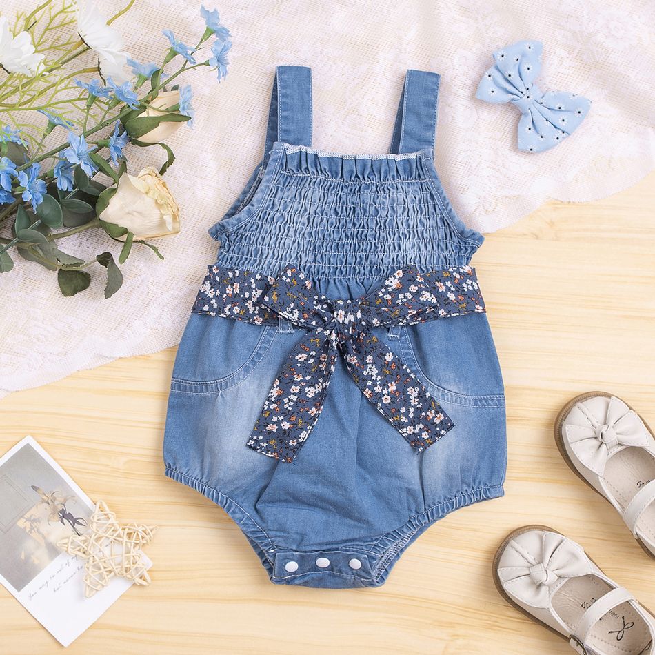 100% Cotton Baby Girl Floral Print Belted Sleeveless Denim Romper Blue