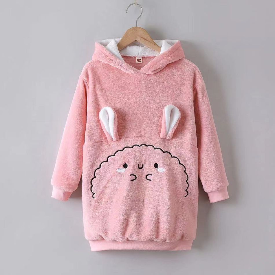 Kid Girl Animal Embroidered Ear Design Fuzzy Hooded Sweatshirt Dress Pink