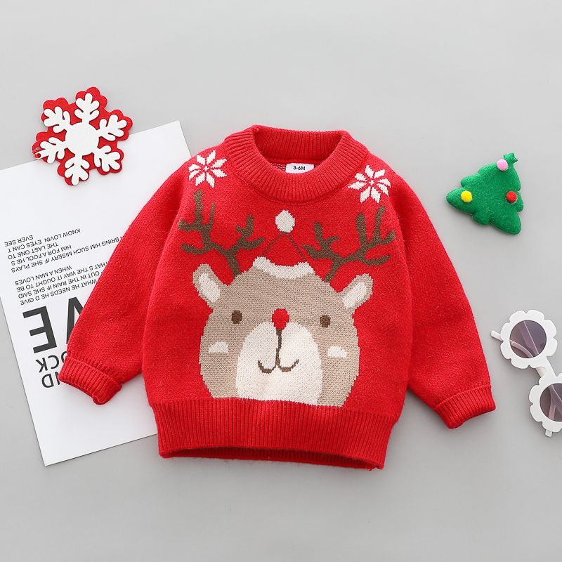 Christmas Deer Long-sleeve Baby Knitted Sweater Pullover Red big image 1