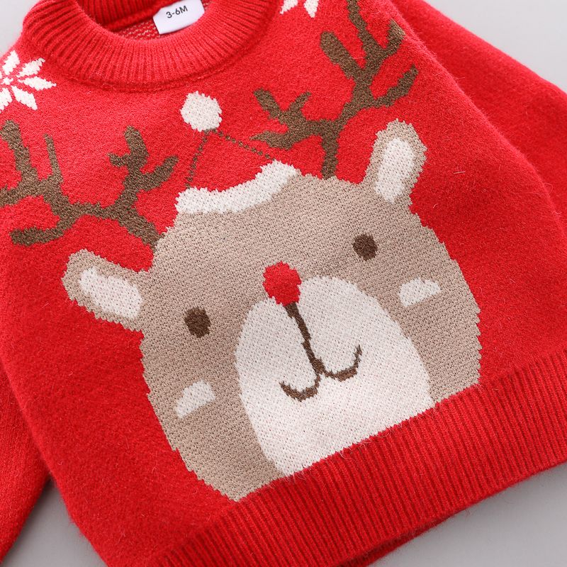 Christmas Deer Long-sleeve Baby Knitted Sweater Pullover Red big image 5