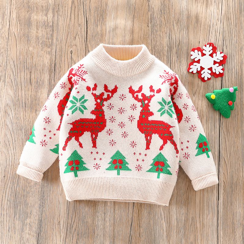 Christmas Reindeer Long-sleeve Knitted Baby Sweater Pullover Beige