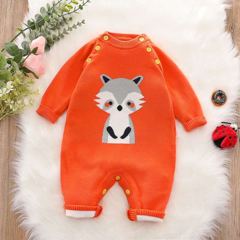 Cartoon Fox Pattern Yellow Long-sleeve Knitted Baby Jumpsuit Orange