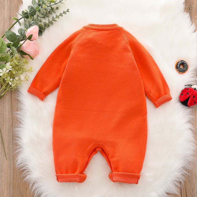 Cartoon Fox Pattern Yellow Long-sleeve Knitted Baby Jumpsuit Orange big image 5