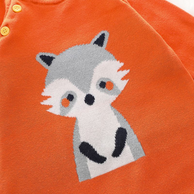 Cartoon Fox Pattern Yellow Long-sleeve Knitted Baby Jumpsuit Orange big image 3