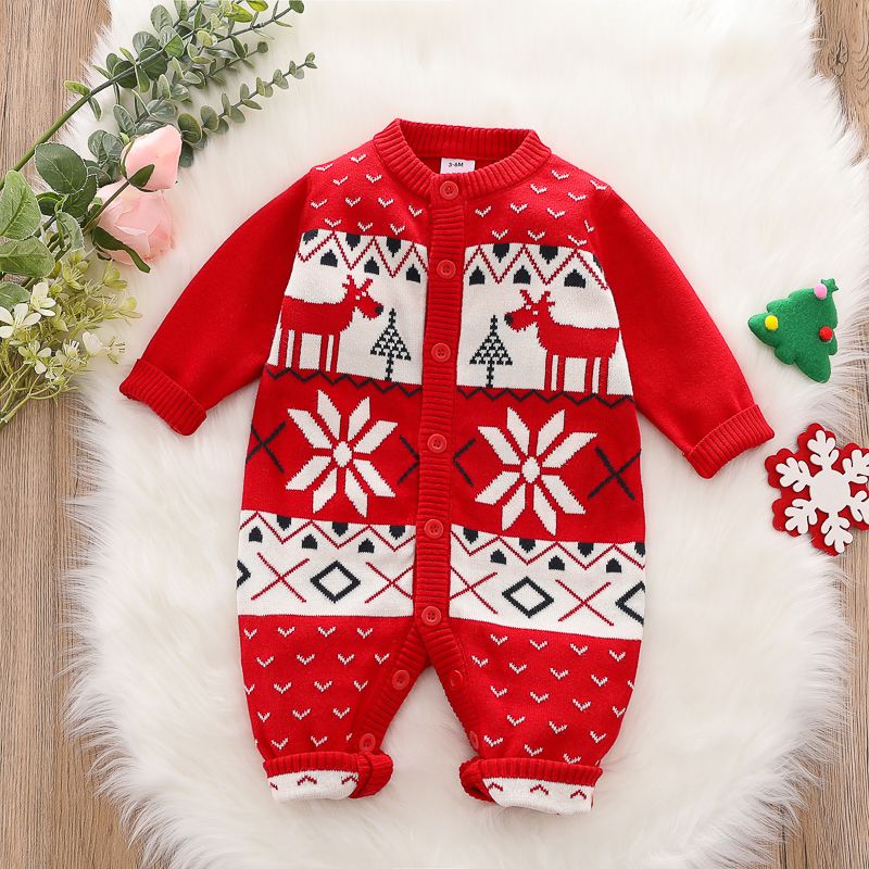 Christmas All Over Pattern Red Baby Long-sleeve Button Down Knitted Jumpsuit Red