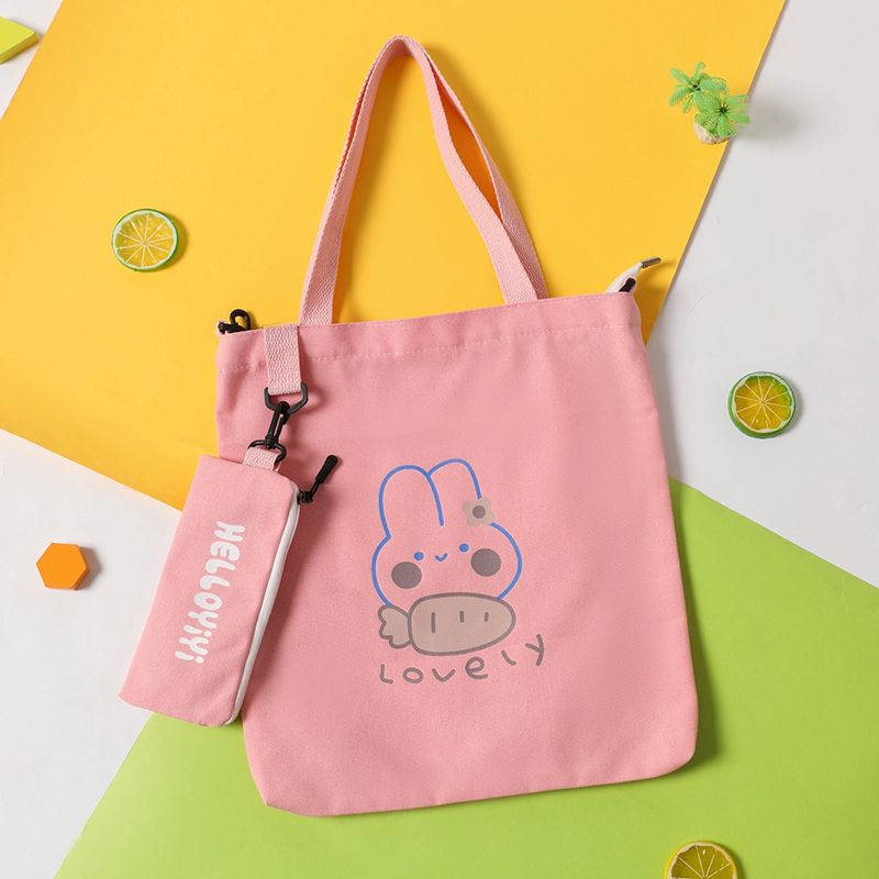 Kids Cartoon Lovely Bunny Rabbit Graphic Canvas Tote Shoulder Bag Pink