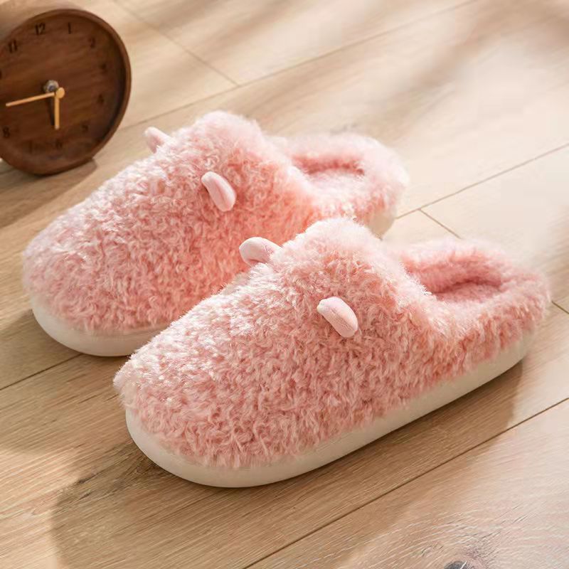 Cute Ear Plush Slippers Home Indoor Pure Color Non-slip Fluffy Warm Plush Slipper Pink