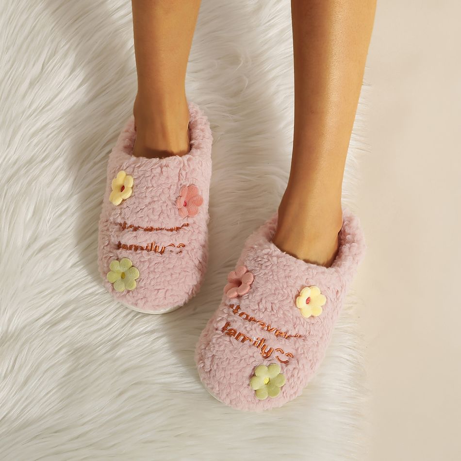 Floral Decor Plush Slippers Home Indoor Fluffy Warm Plush Slipper Pink