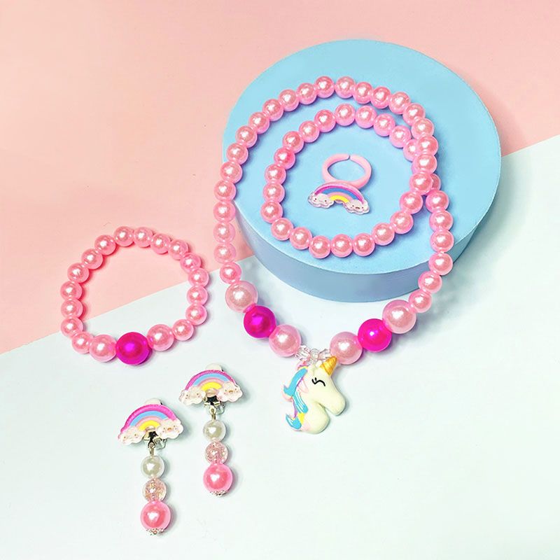 4-pack Cartoon Unicorn Pendant Beaded Necklace Bracelet and Rainbow Ring Earrings Jewelry Set for Girls Pink