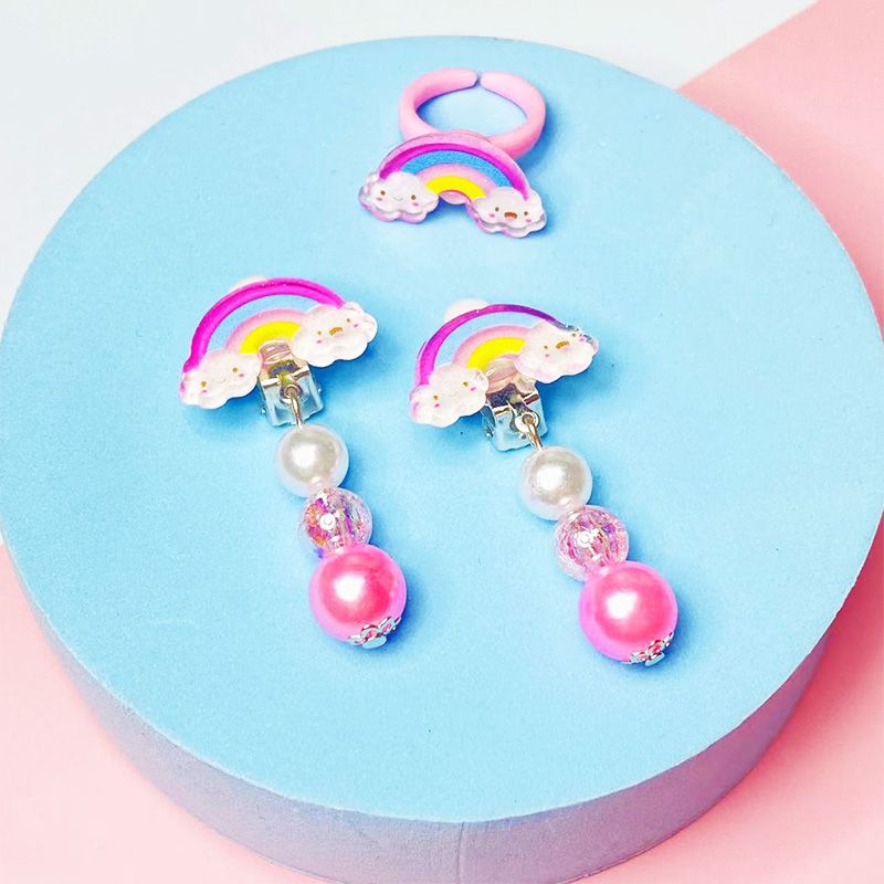 4-pack Cartoon Unicorn Pendant Beaded Necklace Bracelet and Rainbow Ring Earrings Jewelry Set for Girls Pink big image 2