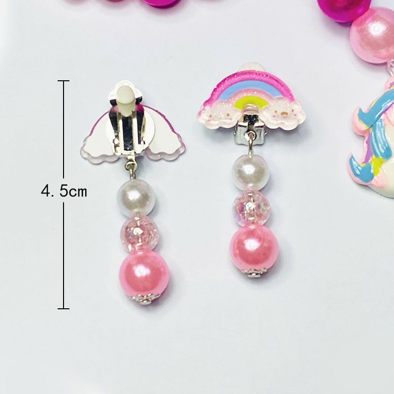 4-pack Cartoon Unicorn Pendant Beaded Necklace Bracelet and Rainbow Ring Earrings Jewelry Set for Girls Pink big image 3