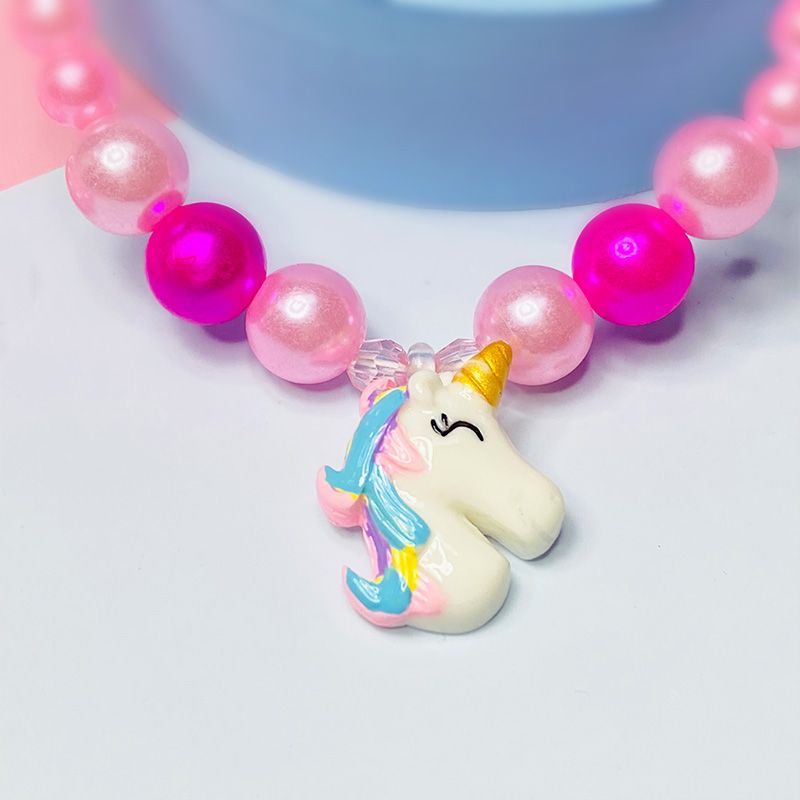 4-pack Cartoon Unicorn Pendant Beaded Necklace Bracelet and Rainbow Ring Earrings Jewelry Set for Girls Pink big image 4