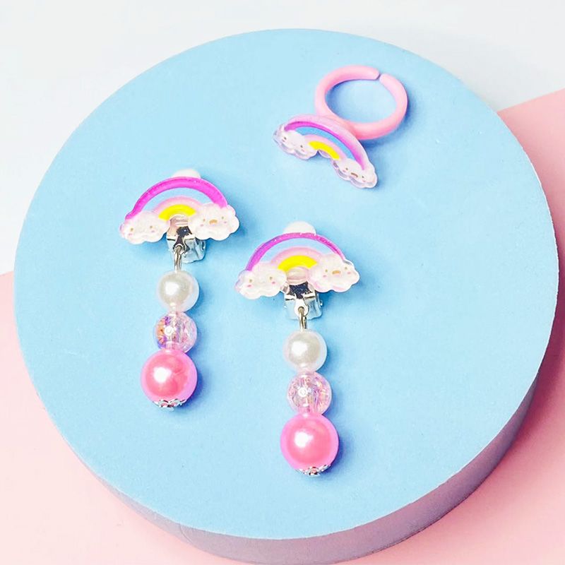 4-pack Cartoon Unicorn Pendant Beaded Necklace Bracelet and Rainbow Ring Earrings Jewelry Set for Girls Pink big image 5