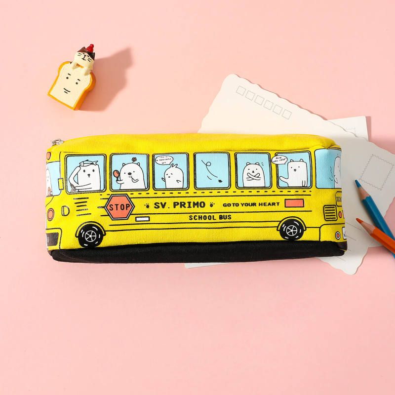 creativo carino scuolabus penna astuccio tela studente bus cerniera portapenne portapenne forniture per studenti di cancelleria Giallo