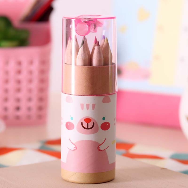 12-Colors Colored Pencils Cute Little Bear Drawing Painting Coloring Small Pencil Kid Adult Office School Student Stationery Supply Pink big image 2