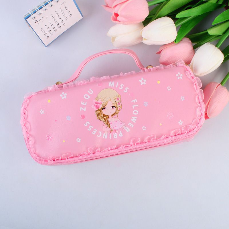 Lace Trim Pencil Case Stationery Supplies Large Capacity Portable Pen Bag with Handle for Girls Pink