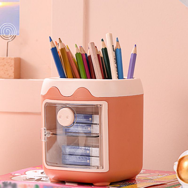 Cute Pen Holder with Dust Lid Compartment Pencil Pen Holder Desk Organizers Container Stationery Supplies Orange big image 2