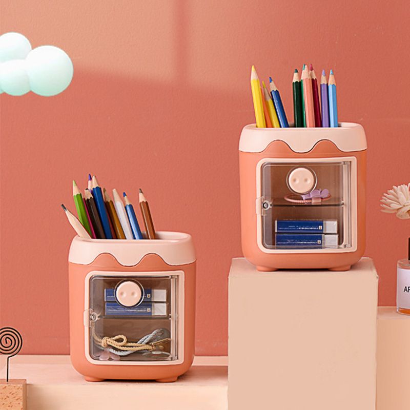 Cute Pen Holder with Dust Lid Compartment Pencil Pen Holder Desk Organizers Container Stationery Supplies Orange big image 3