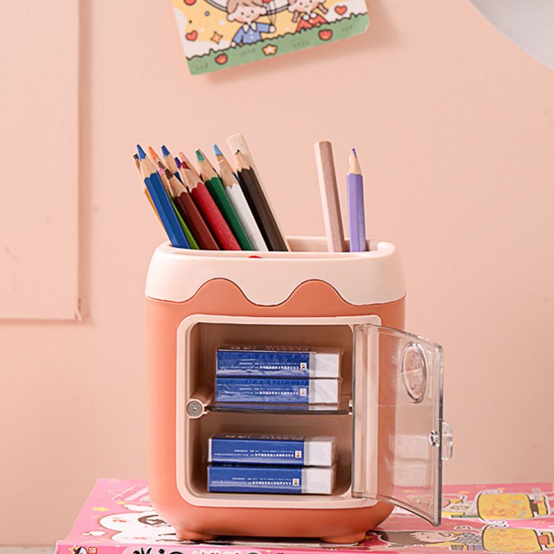 Cute Pen Holder with Dust Lid Compartment Pencil Pen Holder Desk Organizers Container Stationery Supplies Orange big image 5