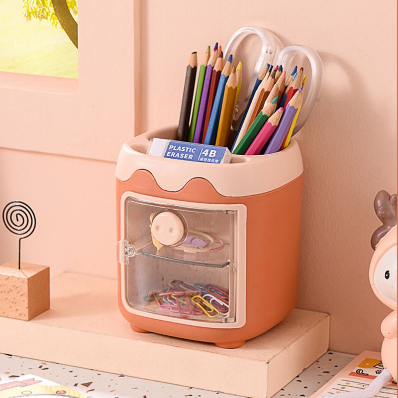 Cute Pen Holder with Dust Lid Compartment Pencil Pen Holder Desk Organizers Container Stationery Supplies Orange big image 7
