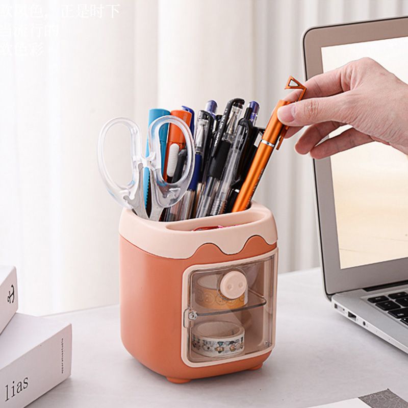 Cute Pen Holder with Dust Lid Compartment Pencil Pen Holder Desk Organizers Container Stationery Supplies Orange big image 8