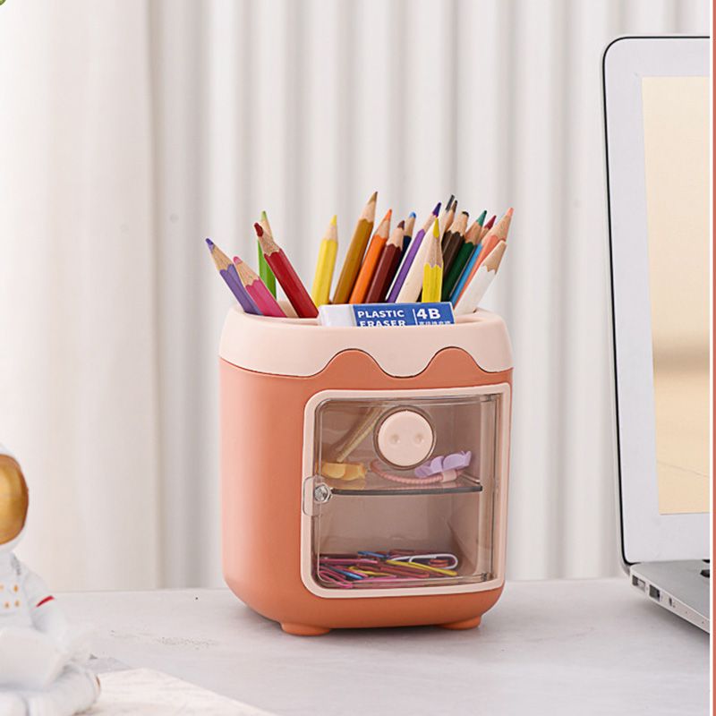 Cute Pen Holder with Dust Lid Compartment Pencil Pen Holder Desk Organizers Container Stationery Supplies Orange big image 9