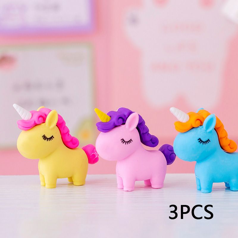 3-pack Cartoon Unicorn Pencil Eraser Toys Gifts for Classroom Prizes Game Reward Party Favors Multi-color