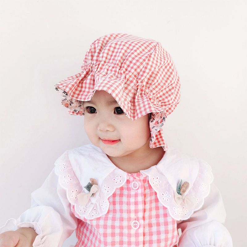 Chapéu de viseira de babados de dupla face com padrão de frutas e xadrez para bebê/criança Rosa big image 2