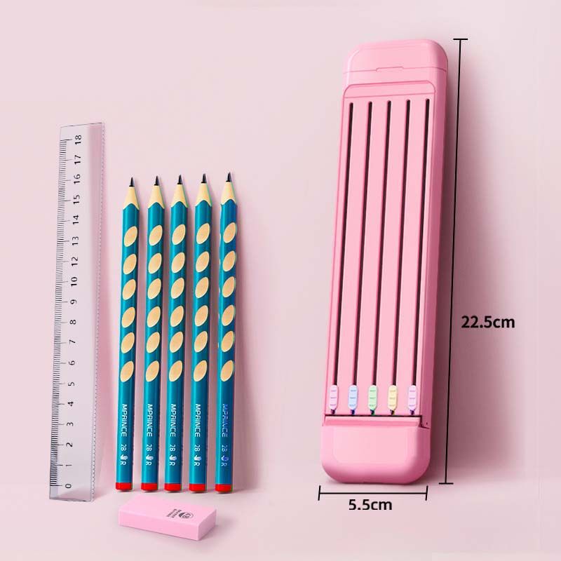 4-Piece Set Pencil Case Stationery Set Including Pencil Box & Eraser & Ruler & Pencils Students Stationery Supplies Pink big image 1