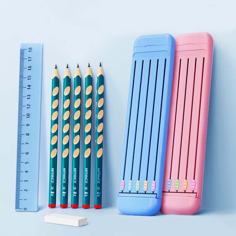 4-Piece Set Pencil Case Stationery Set Including Pencil Box & Eraser & Ruler & Pencils Students Stationery Supplies Pink big image 3