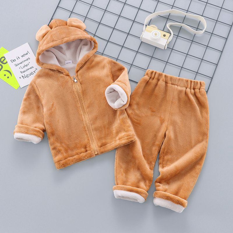2-piece Toddler Girl/Boy Ear Design Zipper Fuzzy Coat and Pants Set Khaki