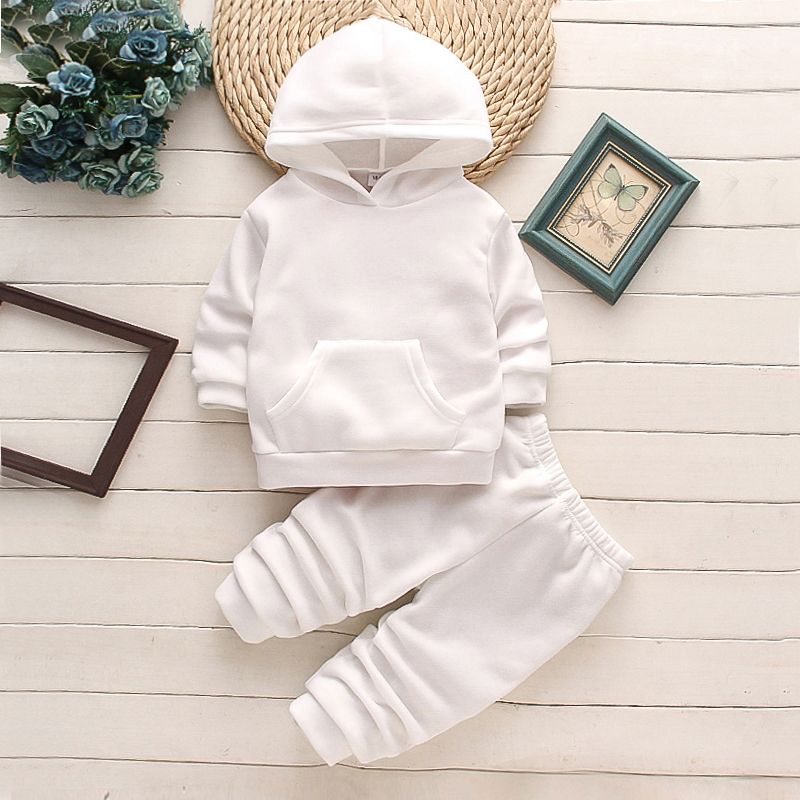 2-piece Toddler Girl/Boy Fleece Lined Solid Color Hoodie Sweatshirt and Pants Set White