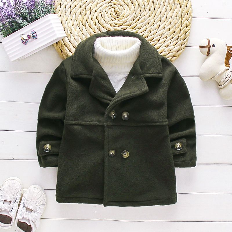Toddler Boy Double Breasted Lapel Collar Solid Color Overcoat Army green big image 1