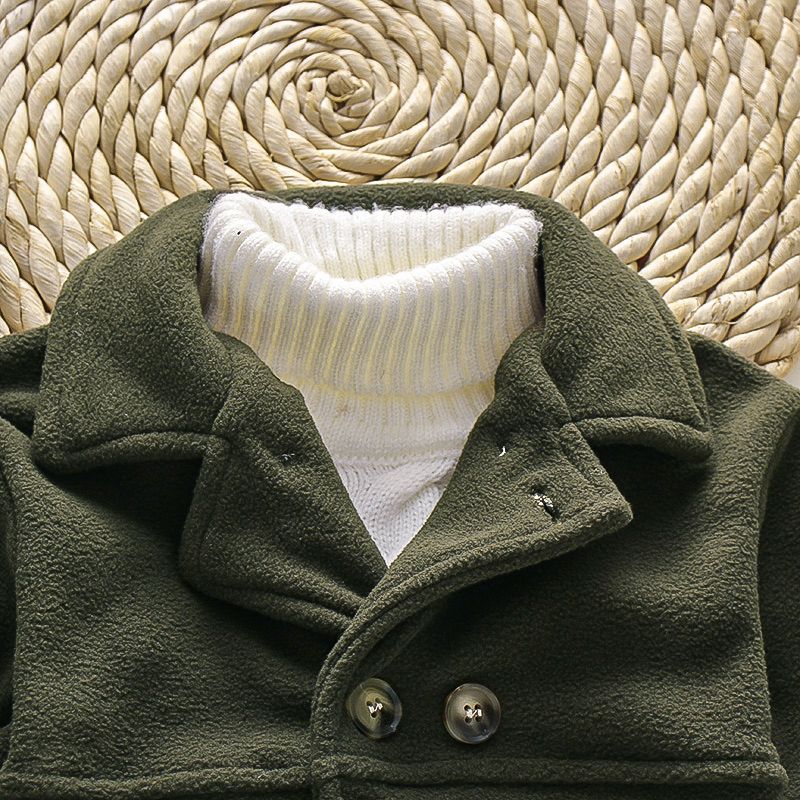 Toddler Boy Double Breasted Lapel Collar Solid Color Overcoat Army green big image 3